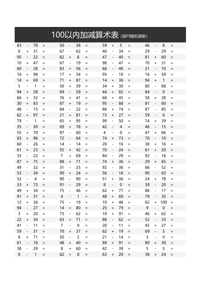 随机数学加减算术题（100以内）.xlsx