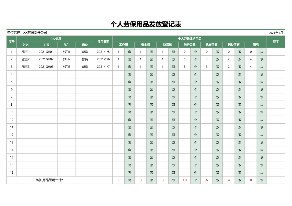 个人劳保用品发放登记表.xlsx第1页