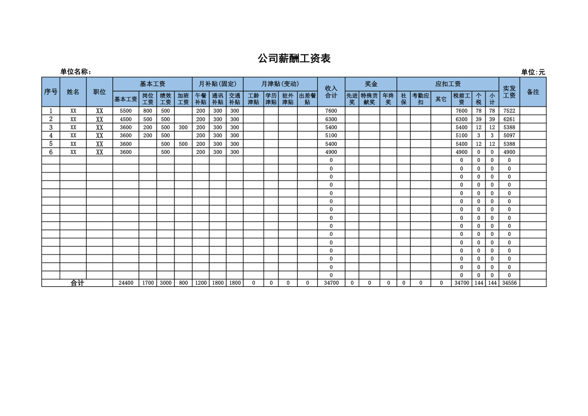 公司薪酬工资表（自动计算）.xlsx第1页