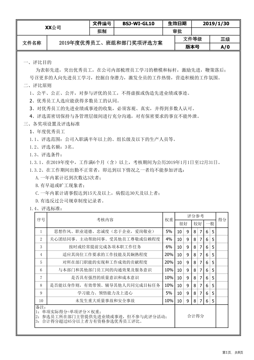 优秀员工、班组部门奖项评选方案.xlsx