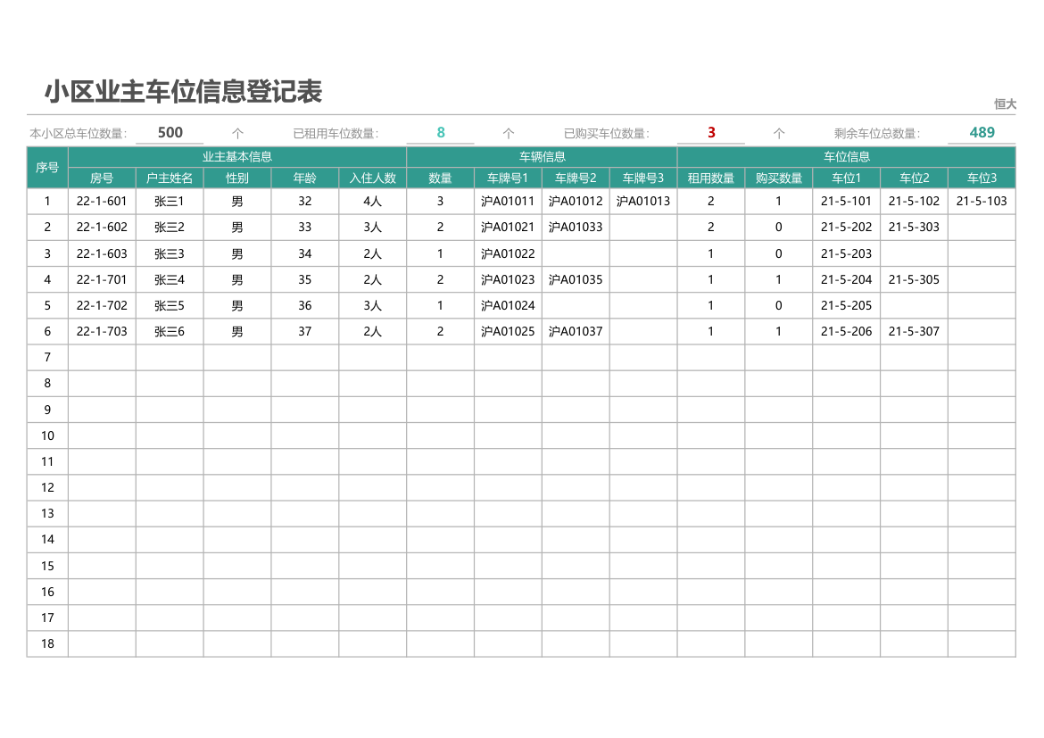 小区业主车位信息登记表.xlsx第1页