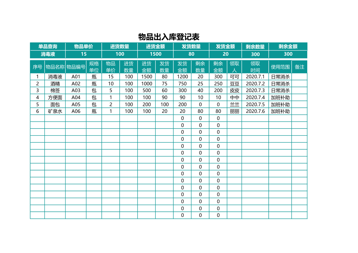 物品领用登记表（全自动）.xlsx第1页