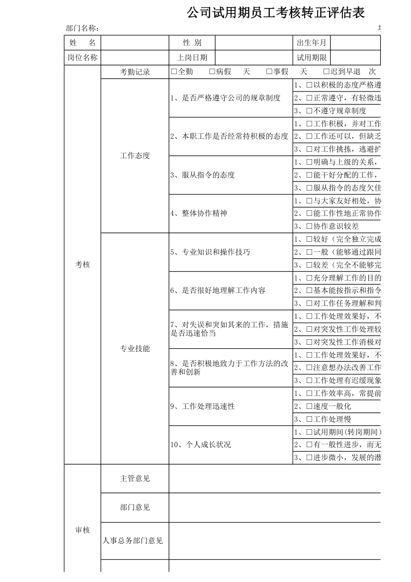 公司试用期员工考核转正评估表.xlsx