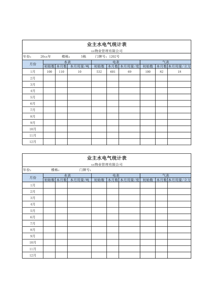 业主水电气统计表-A4模版.xlsx第1页