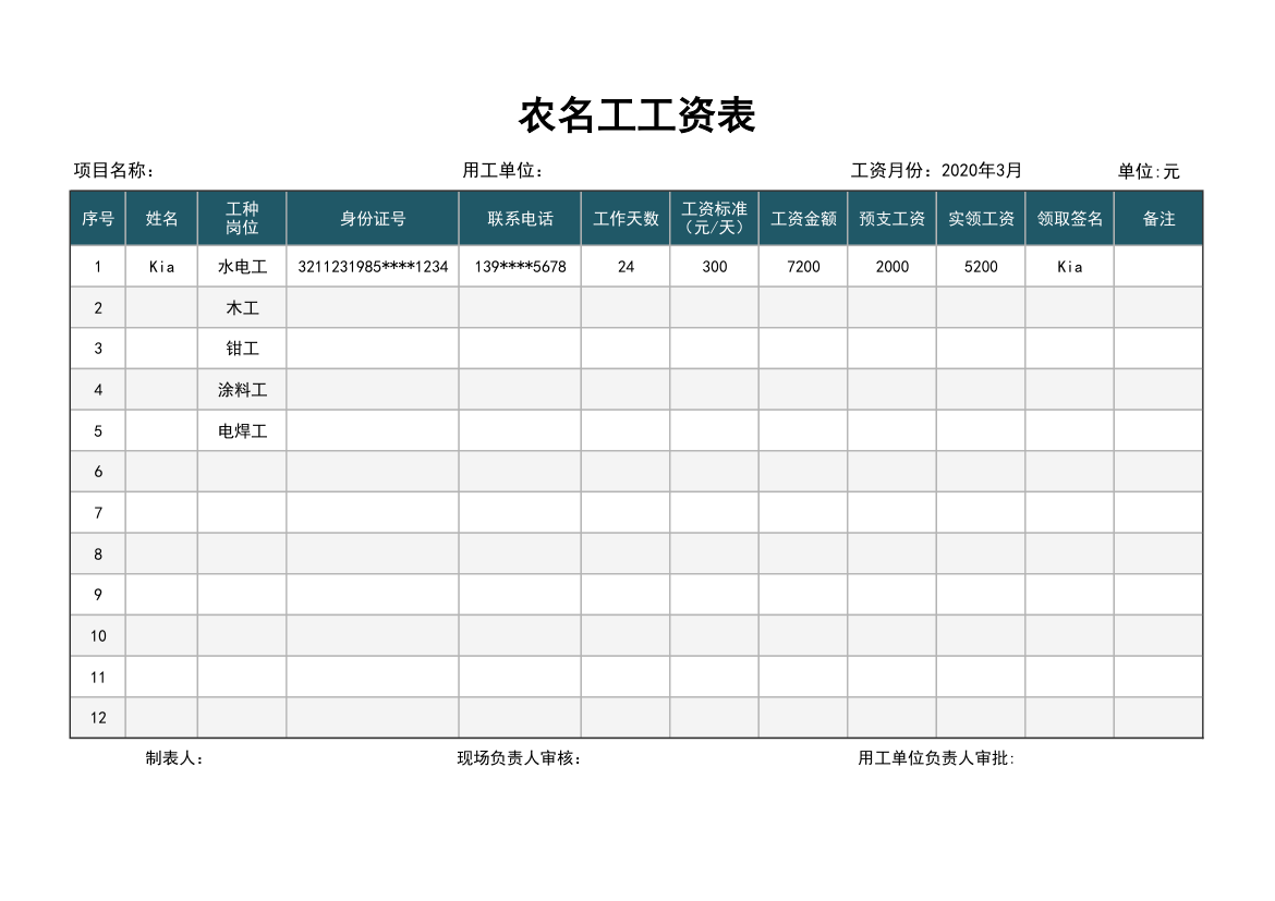 项目工程农名工工资统计发放表.xlsx