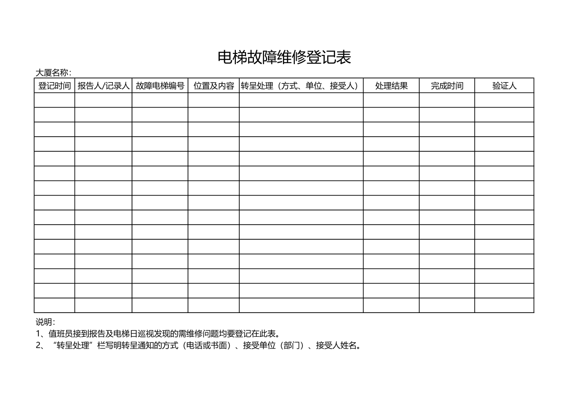 电梯故障维修登记表.xlsx第1页