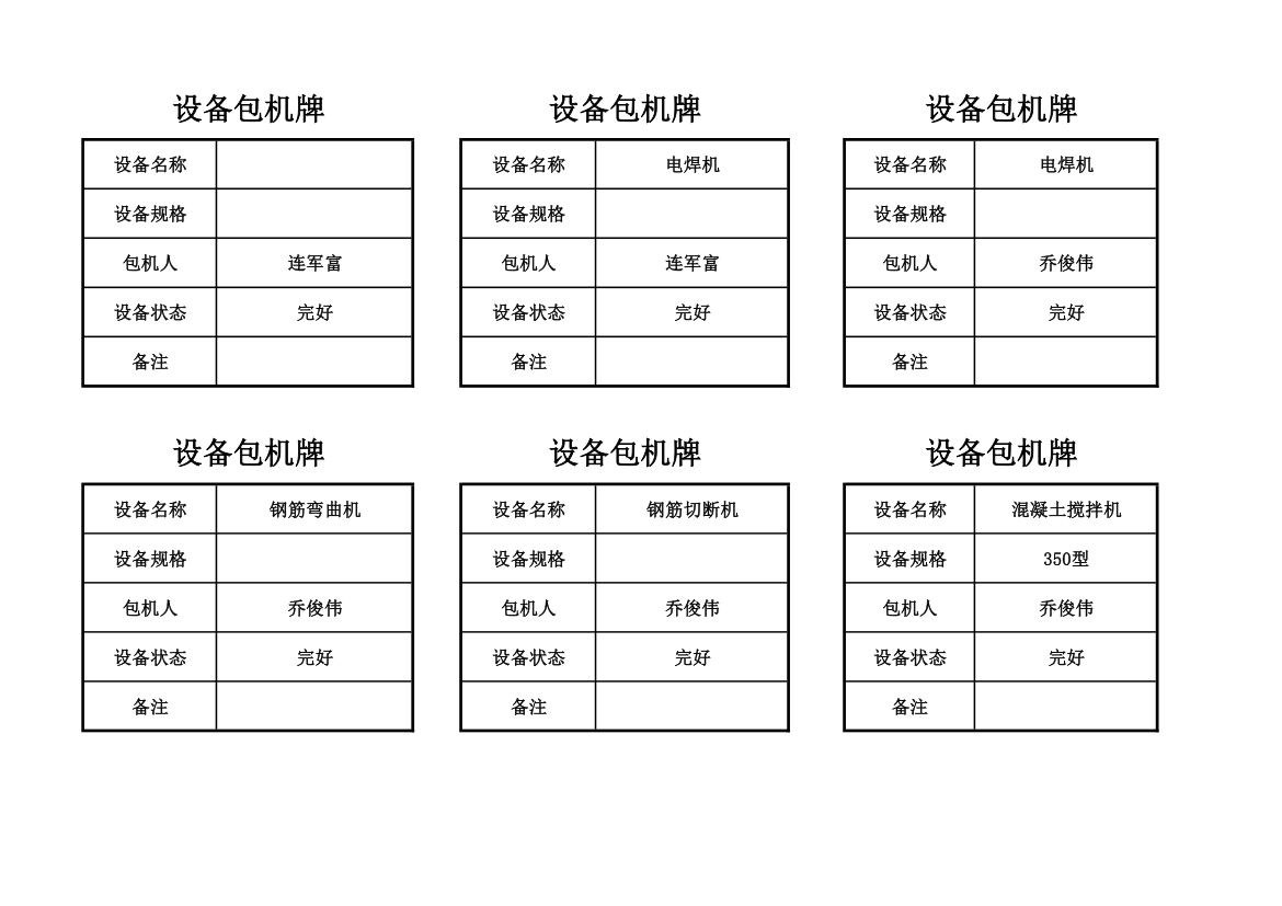 设备包机牌