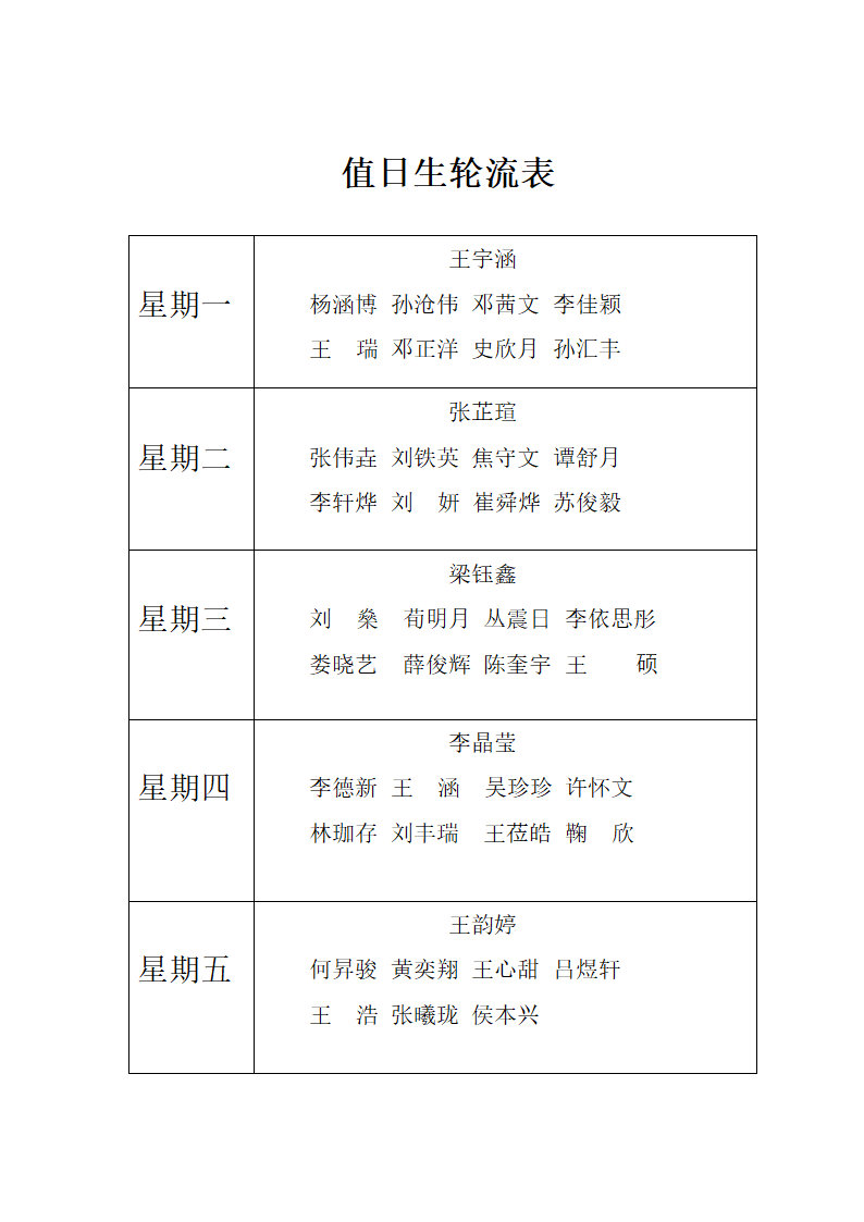 值日生轮流表