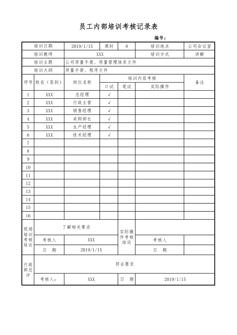 内部培训考核记录表通用模板.xls