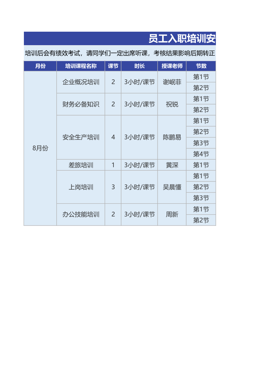 员工入职培训安排表.xlsx第1页