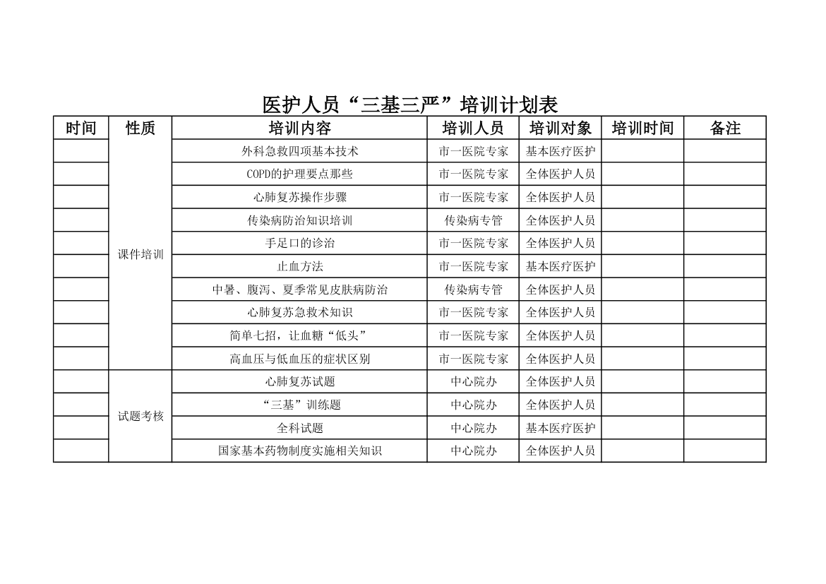 医护人员三基培训计划表.xlsx