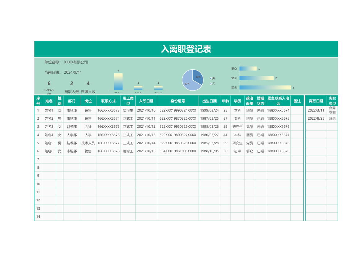 简约入职离职登记表.xlsx第1页