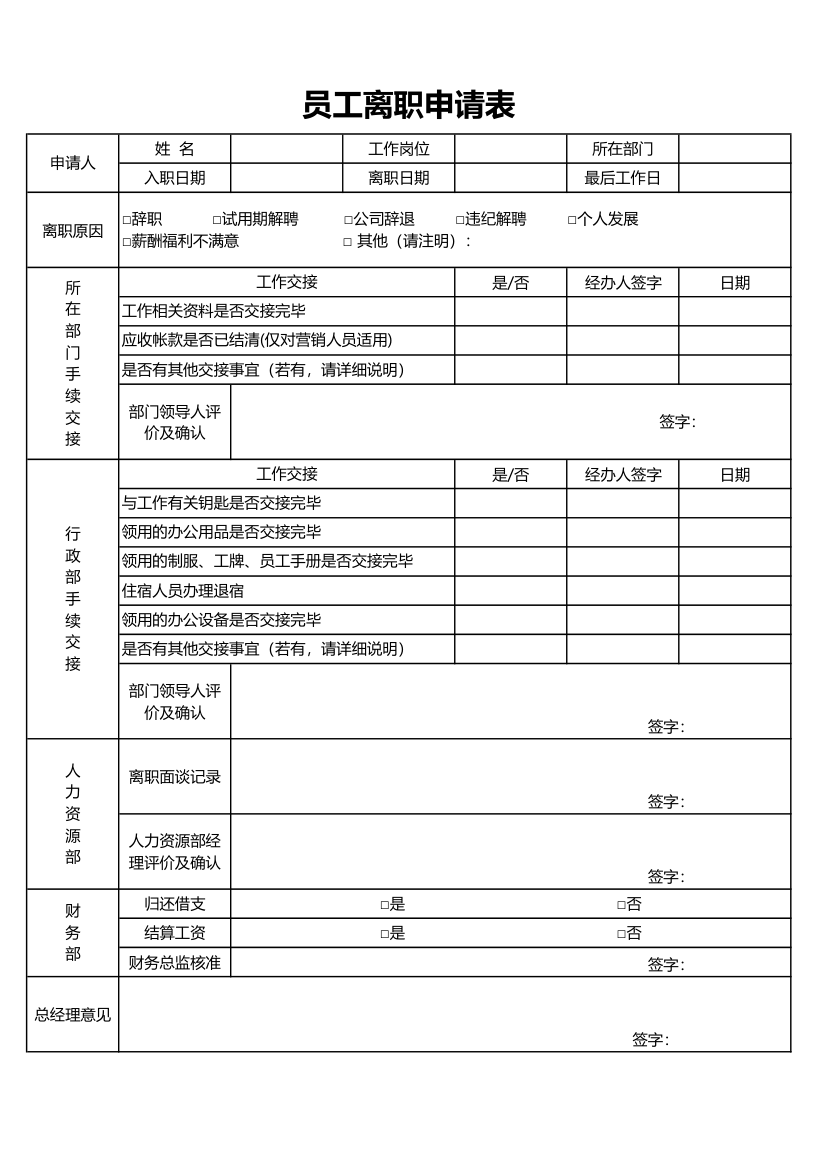 通用员工离职申请表.xlsx第1页