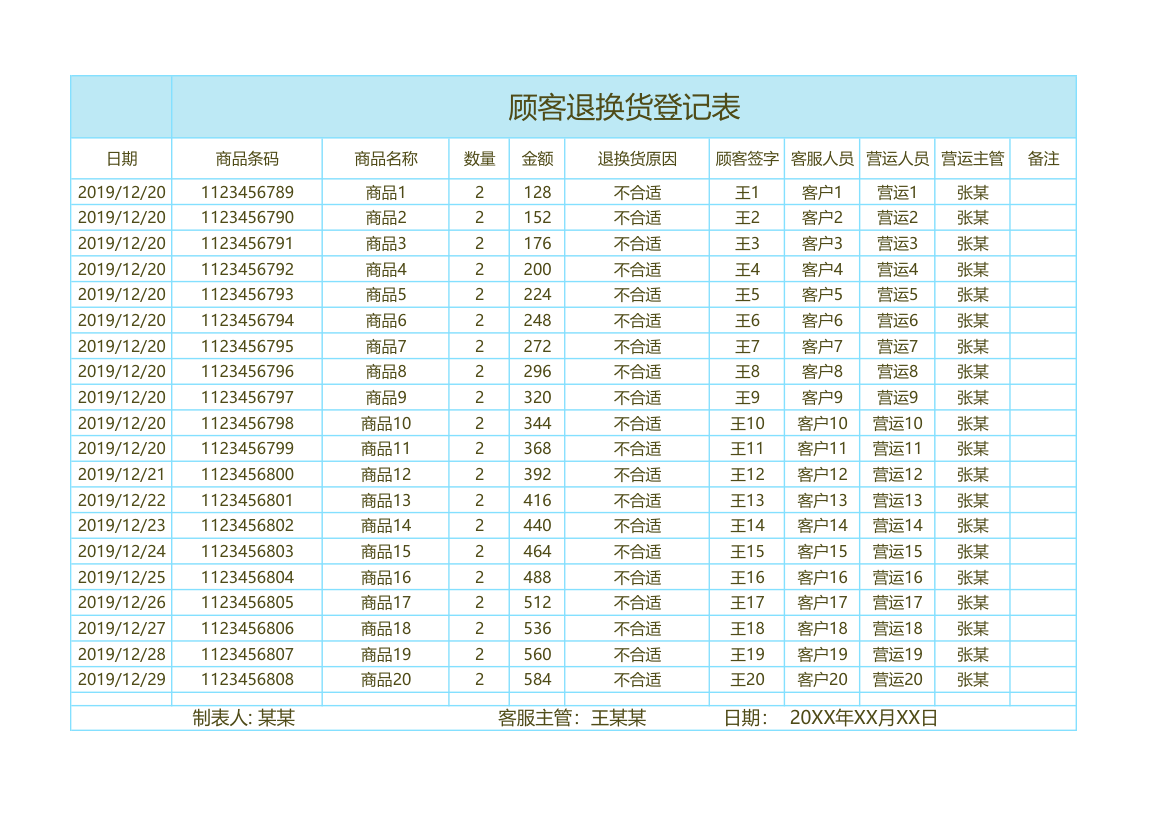 顾客退换货登记表.xlsx第1页