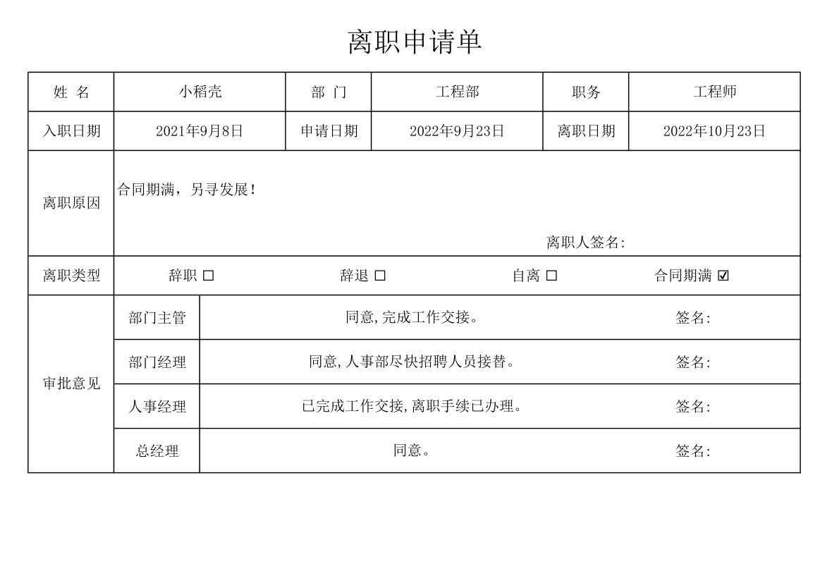 离职申请单.xlsx第1页