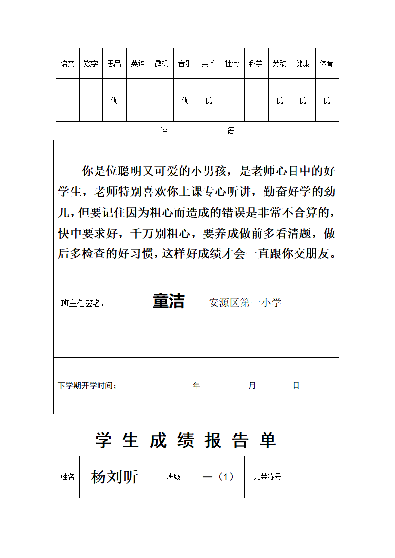 一(1)班成绩单第11页