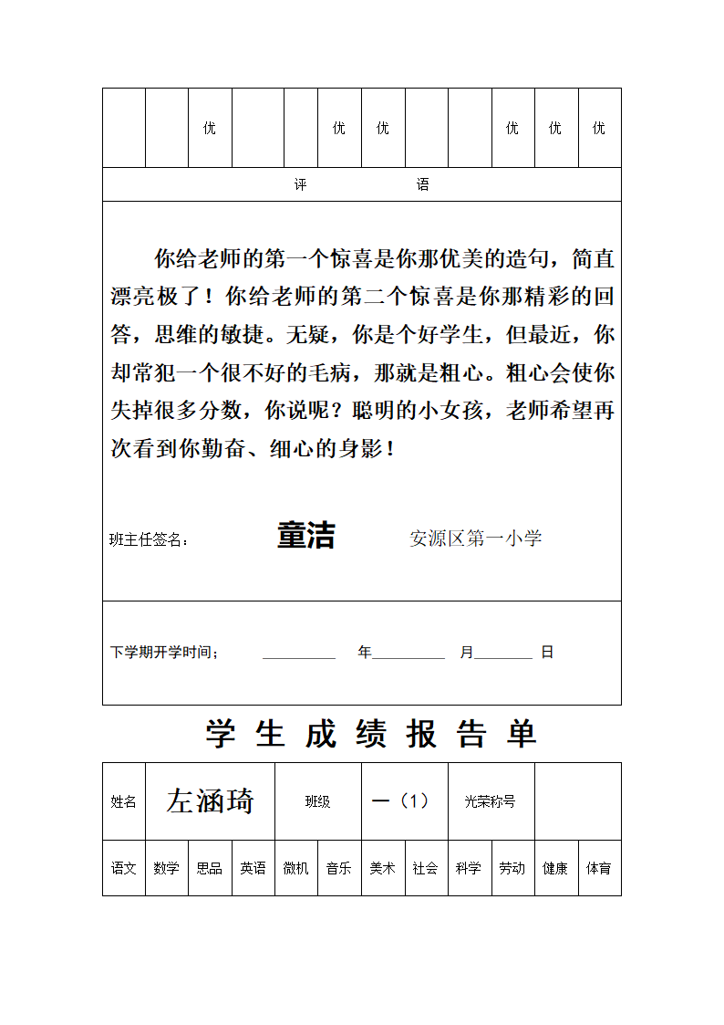 一(1)班成绩单第24页