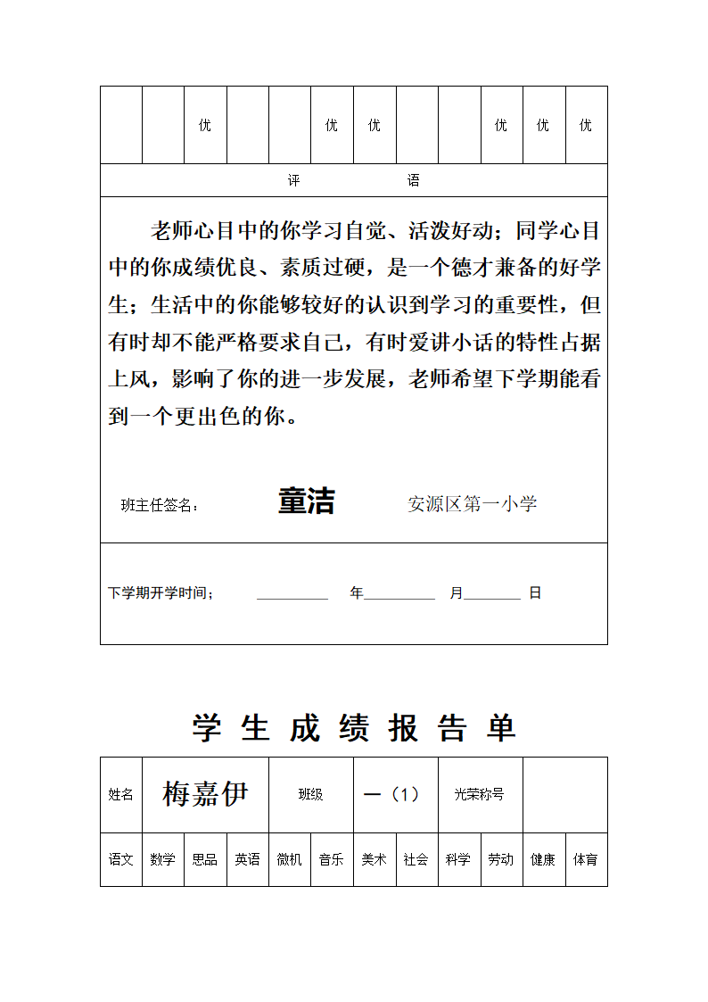 一(1)班成绩单第41页