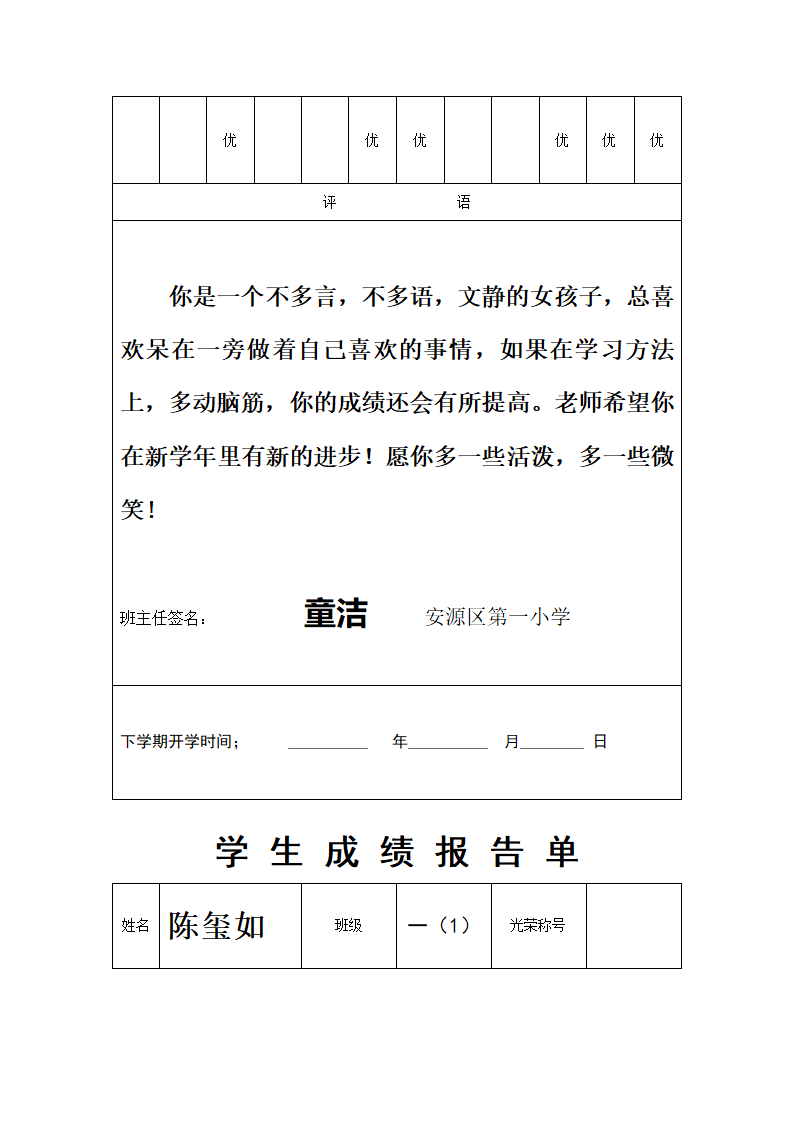 一(1)班成绩单第43页