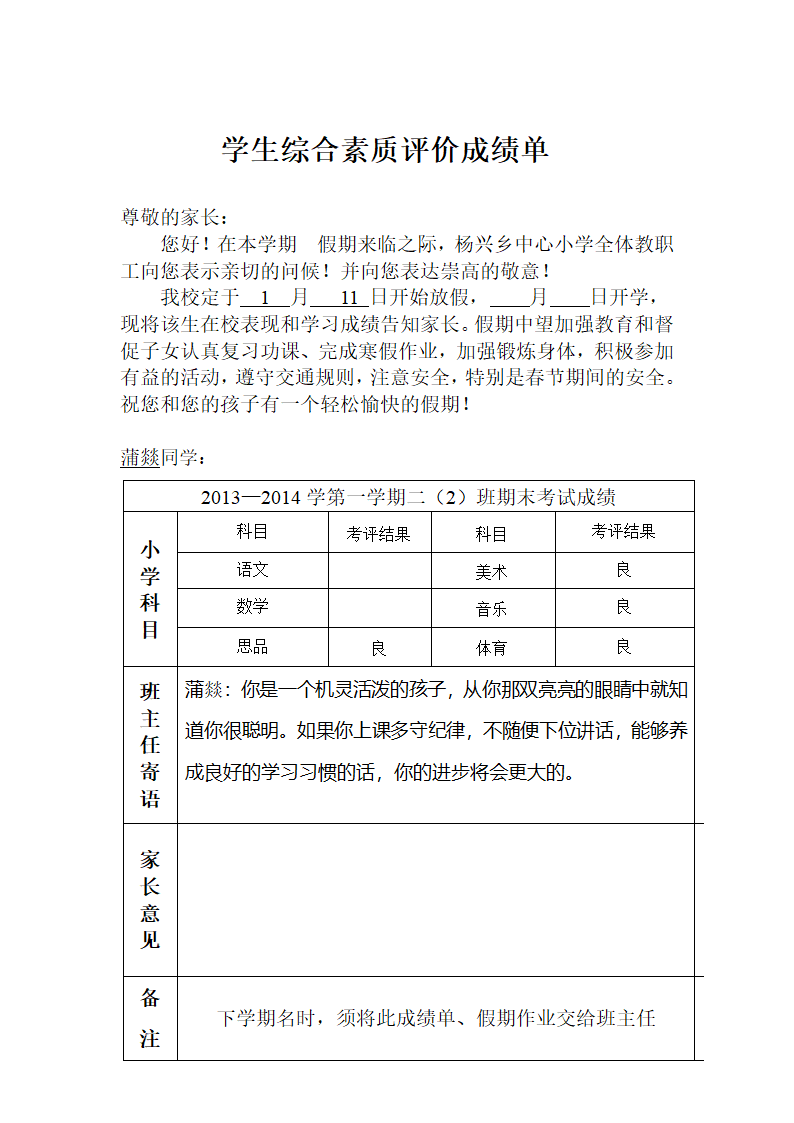 学生综合素质评价成绩单第13页