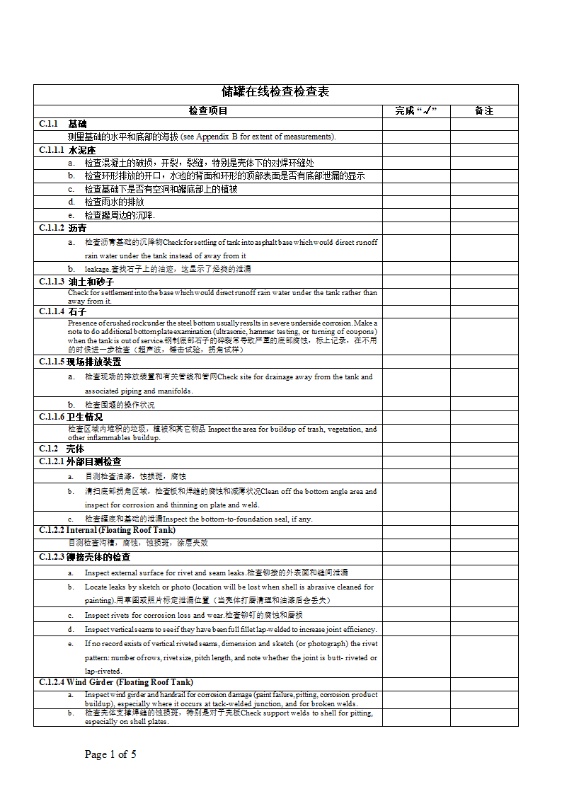 储罐在线检查检查表