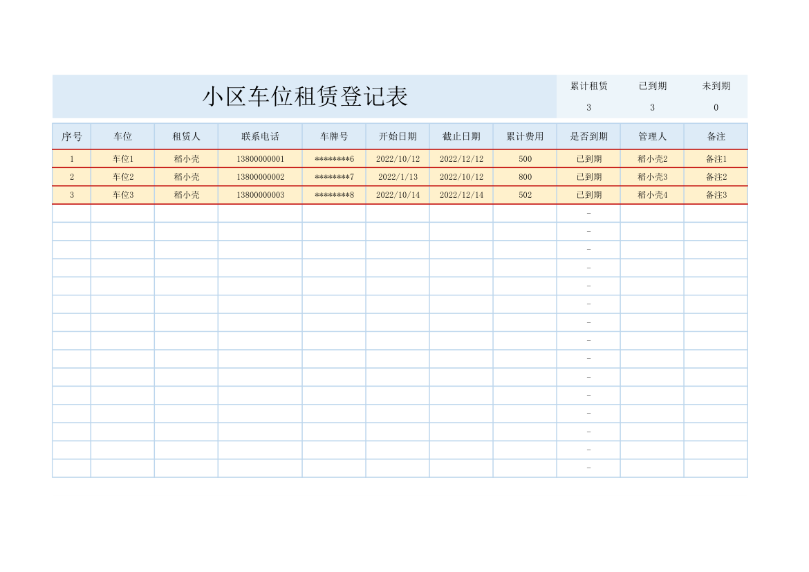 小区车位租赁登记表-车位租赁统计表.xlsx