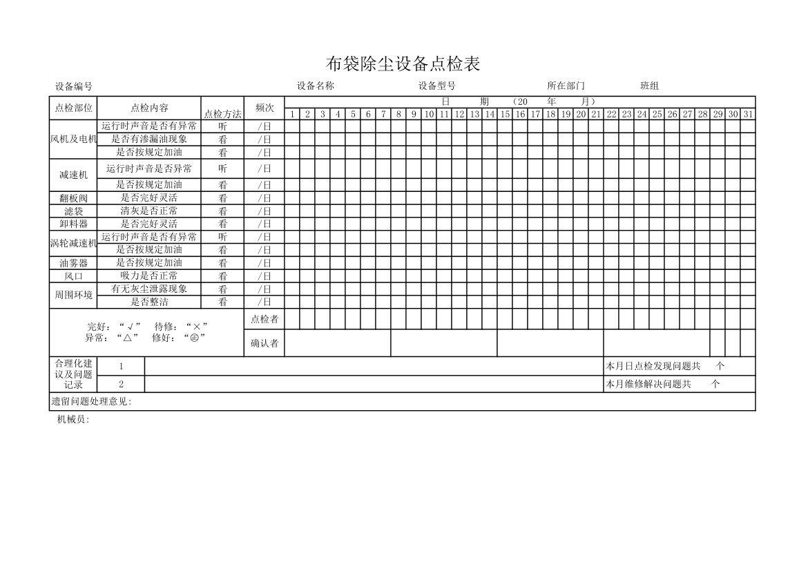 布袋除尘设备点检表.xlsx