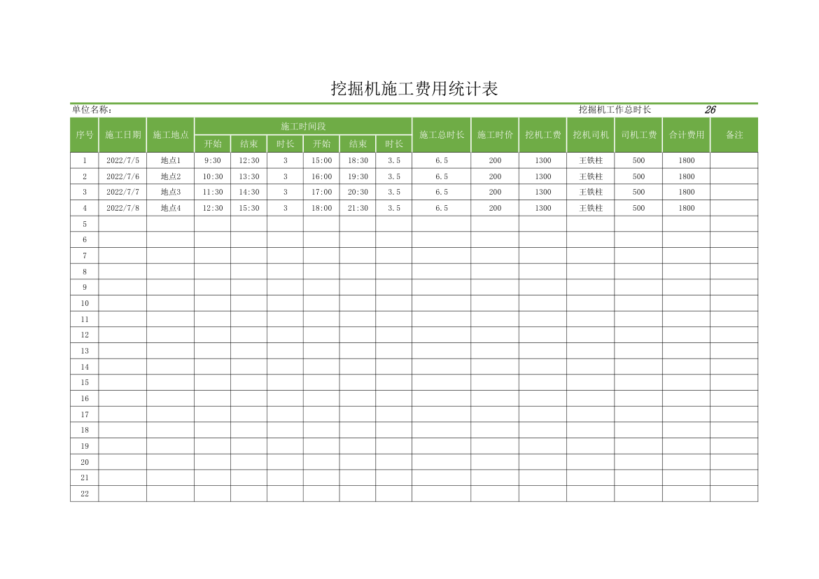 挖掘机施工费用统计表.xlsx第1页