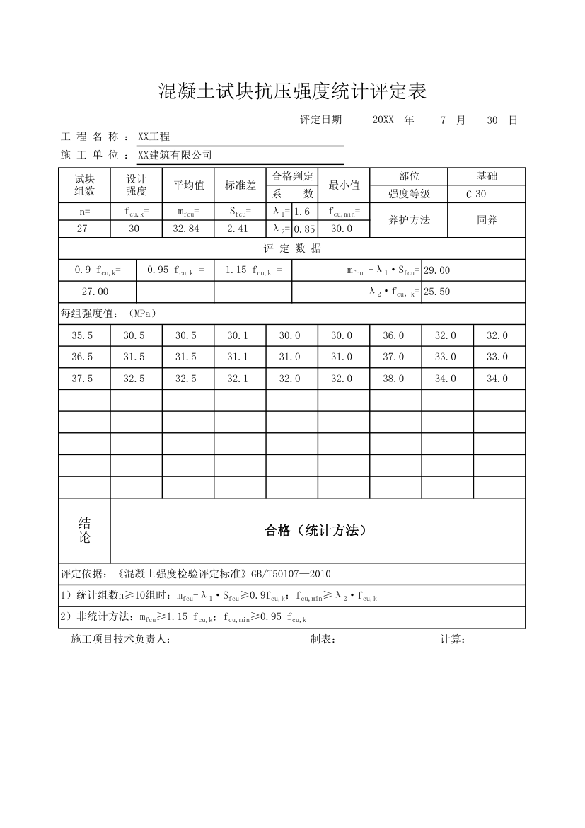 混凝土试块抗压强度自动统计评定表.xlsx第1页