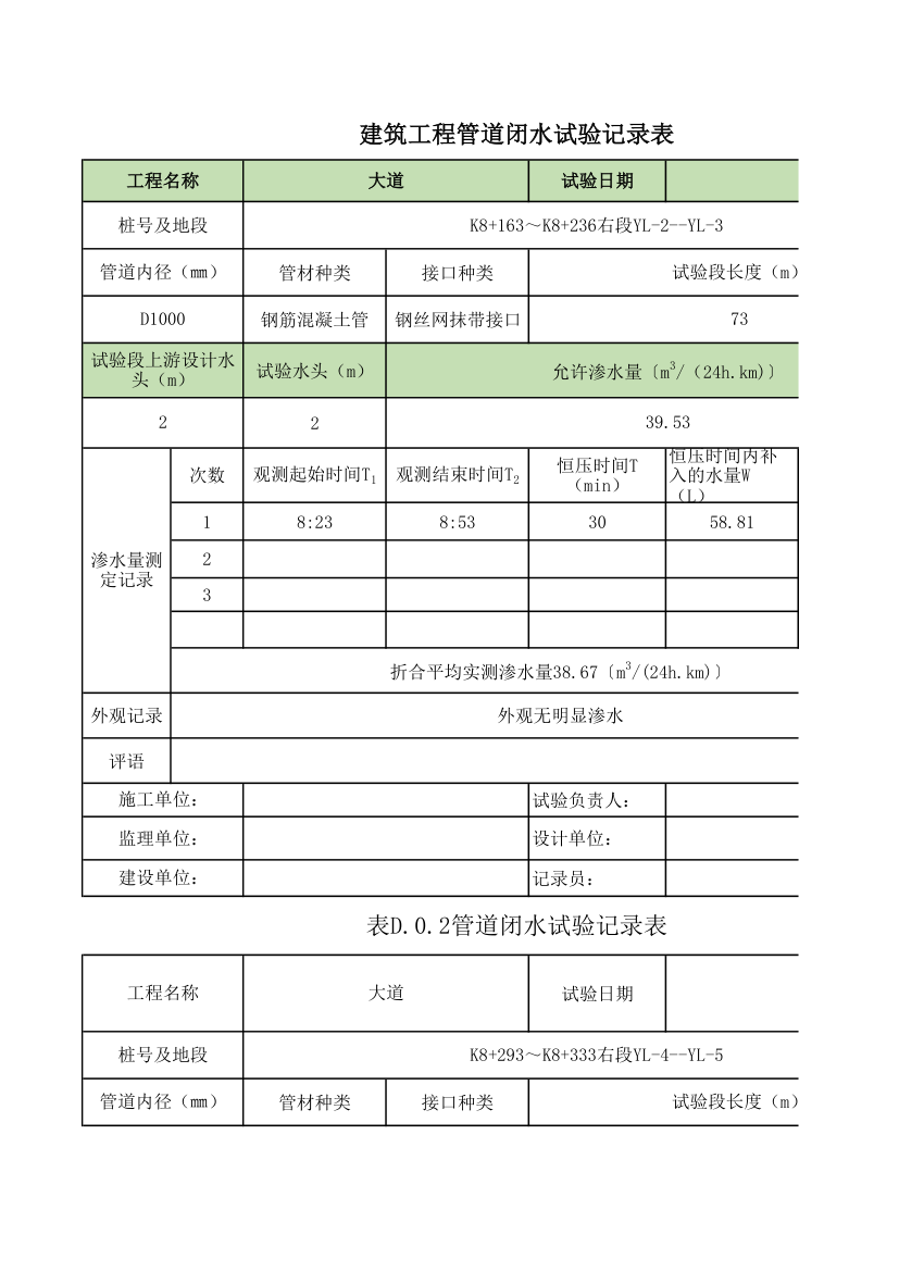 建筑工程管道闭水试验记录表.xlsx第1页