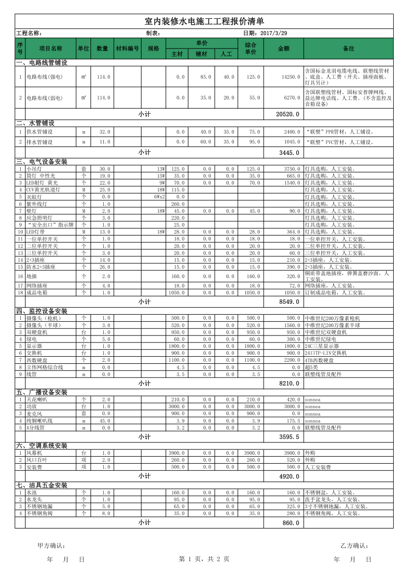 水电施工报价表.xls