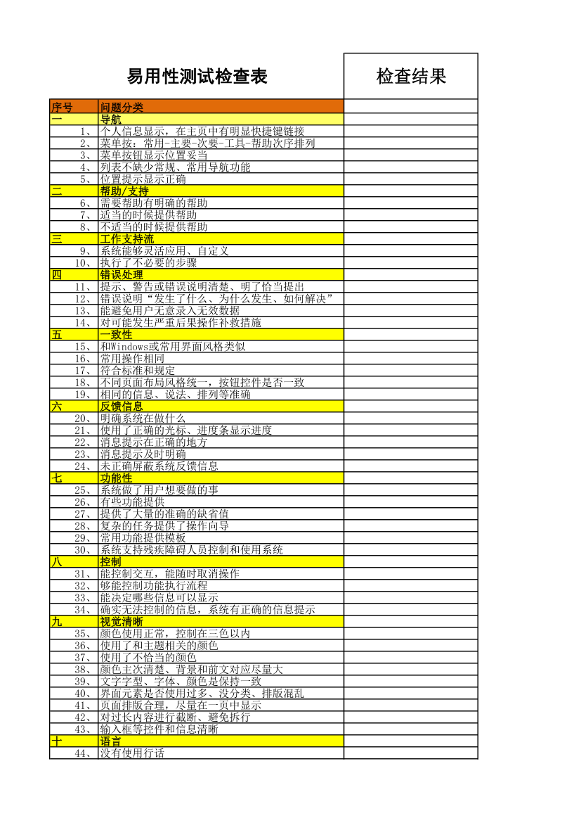 易用性测试检查表