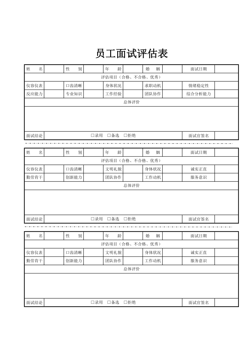 员工面试评估表（A4打印）.xlsx