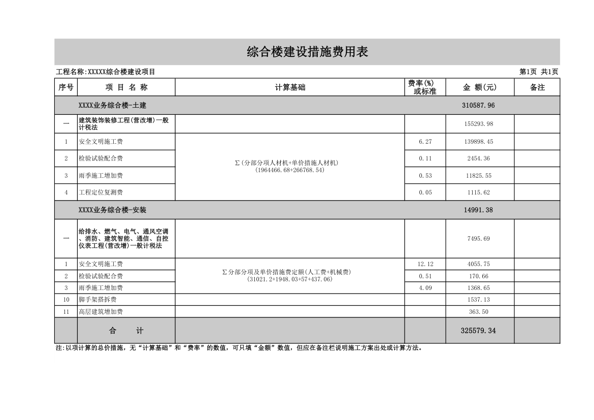 综合楼建设措施费用表.xlsx