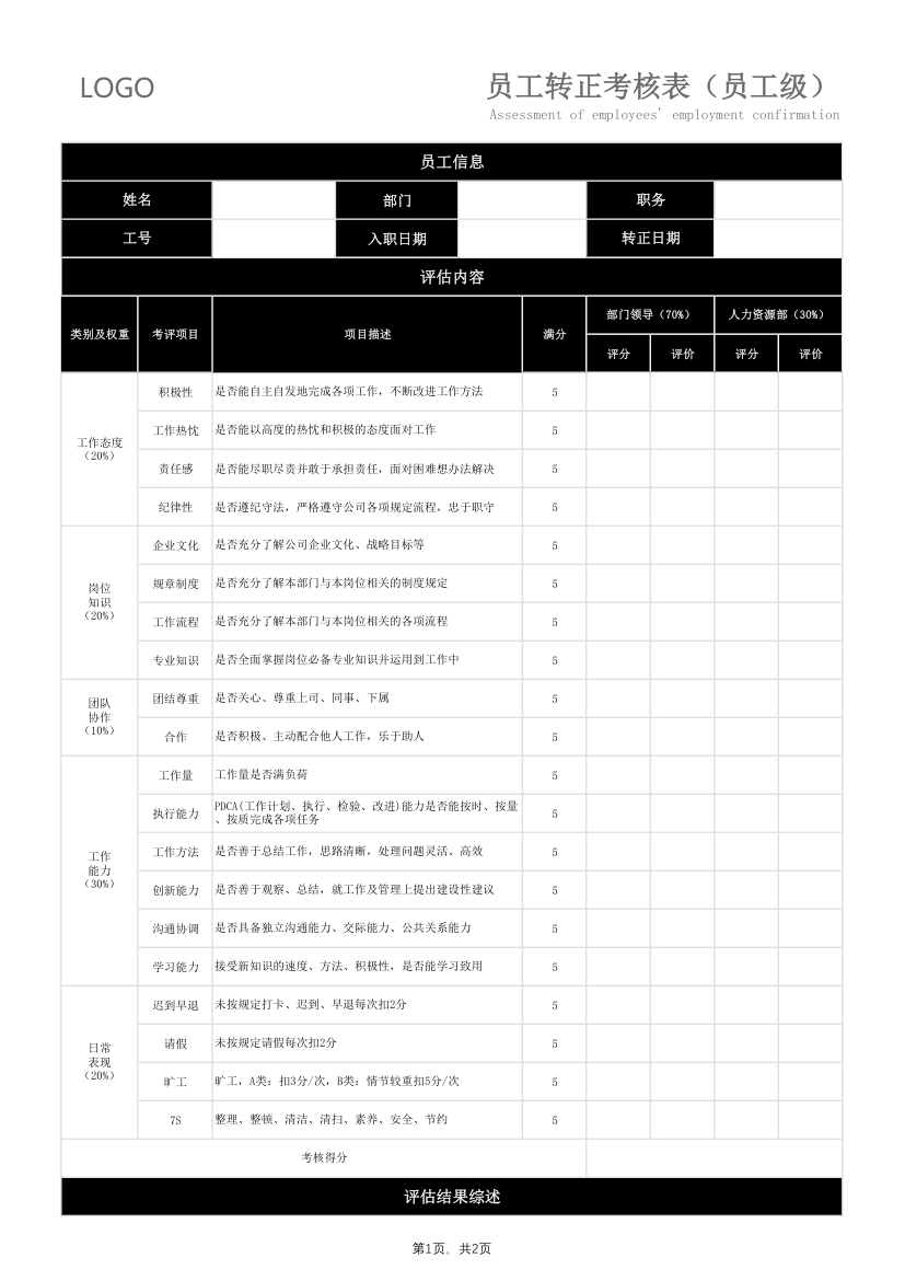 员工转正考核表.xlsx第1页