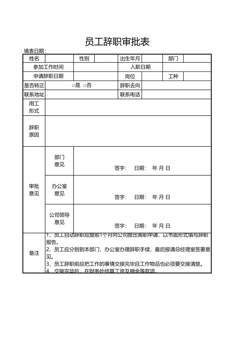 员工辞职审批表.xlsx第1页