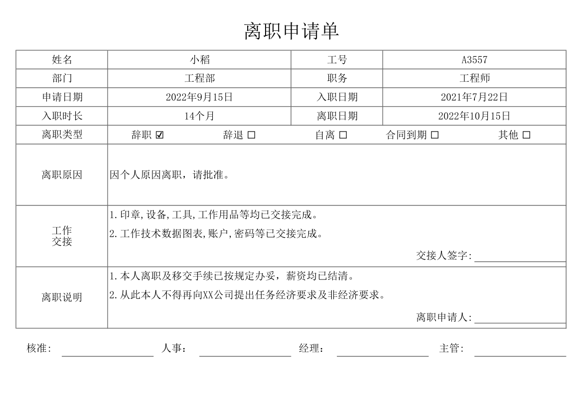 离职申请单.xlsx第1页