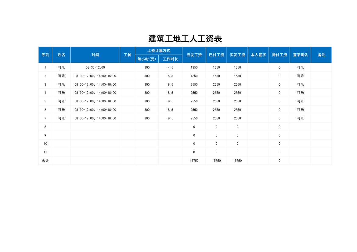 建筑工地工人工资表.xlsx第1页