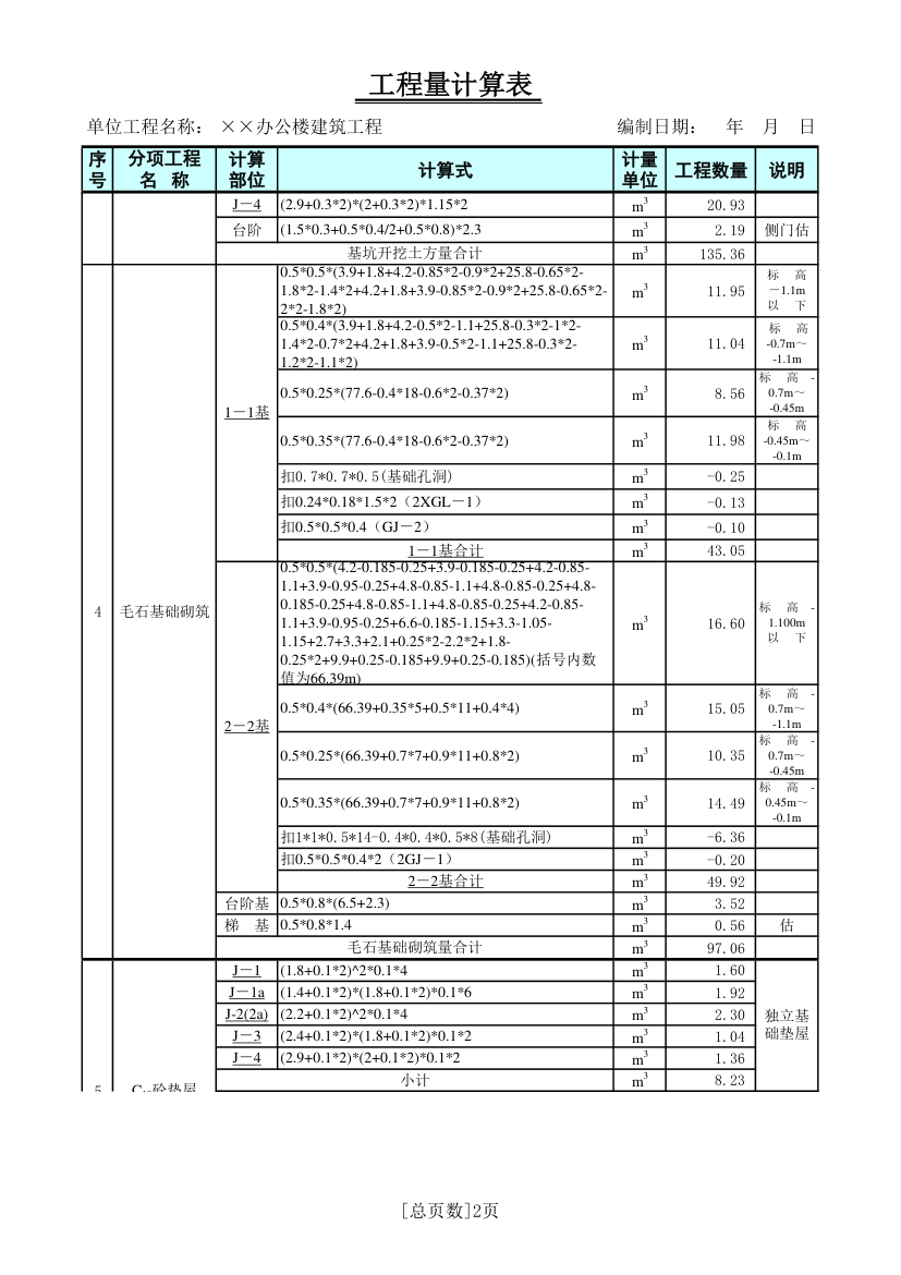 办公楼建筑工程工程量计算表.xls第2页