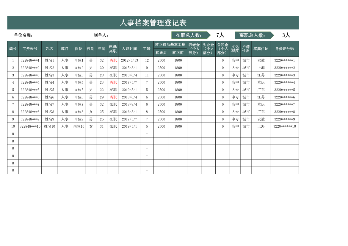 人事档案管理登记表.xlsx第1页