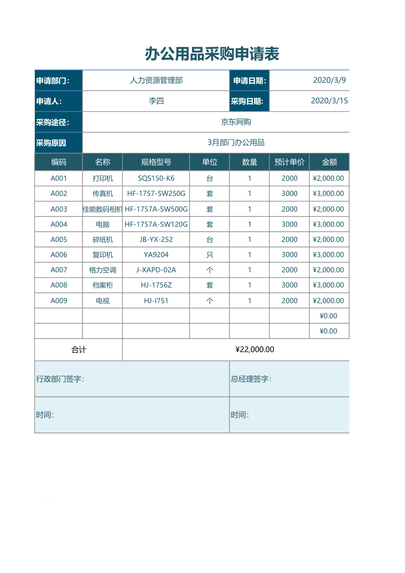 公司办公用品采购申请表.xlsx第1页