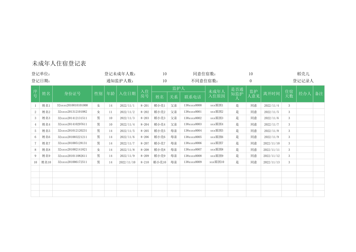 未成年人住宿登记表.xlsx第1页