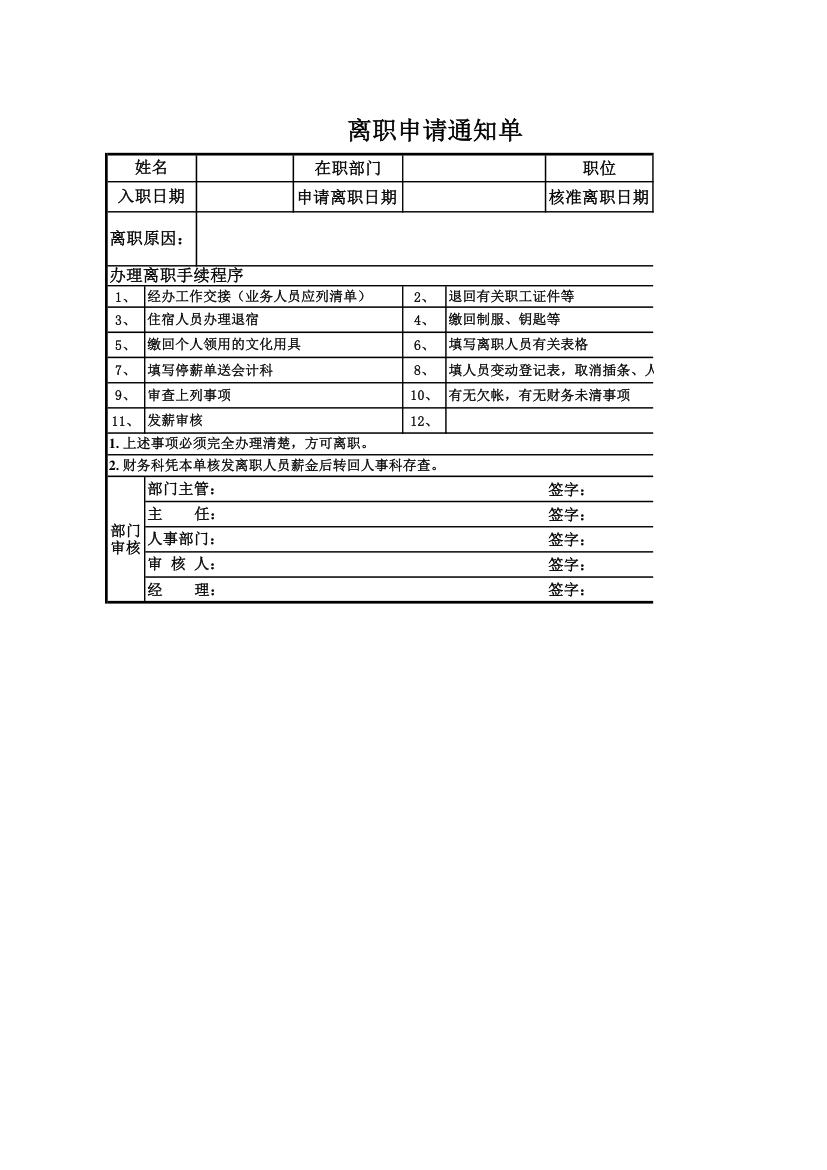 离职申请通知单.xlsx第1页