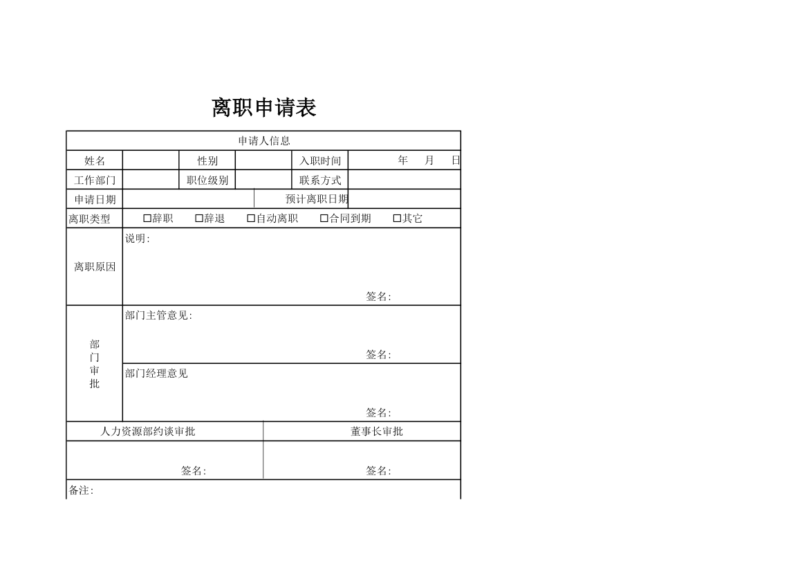 离职申请表.xlsx第1页