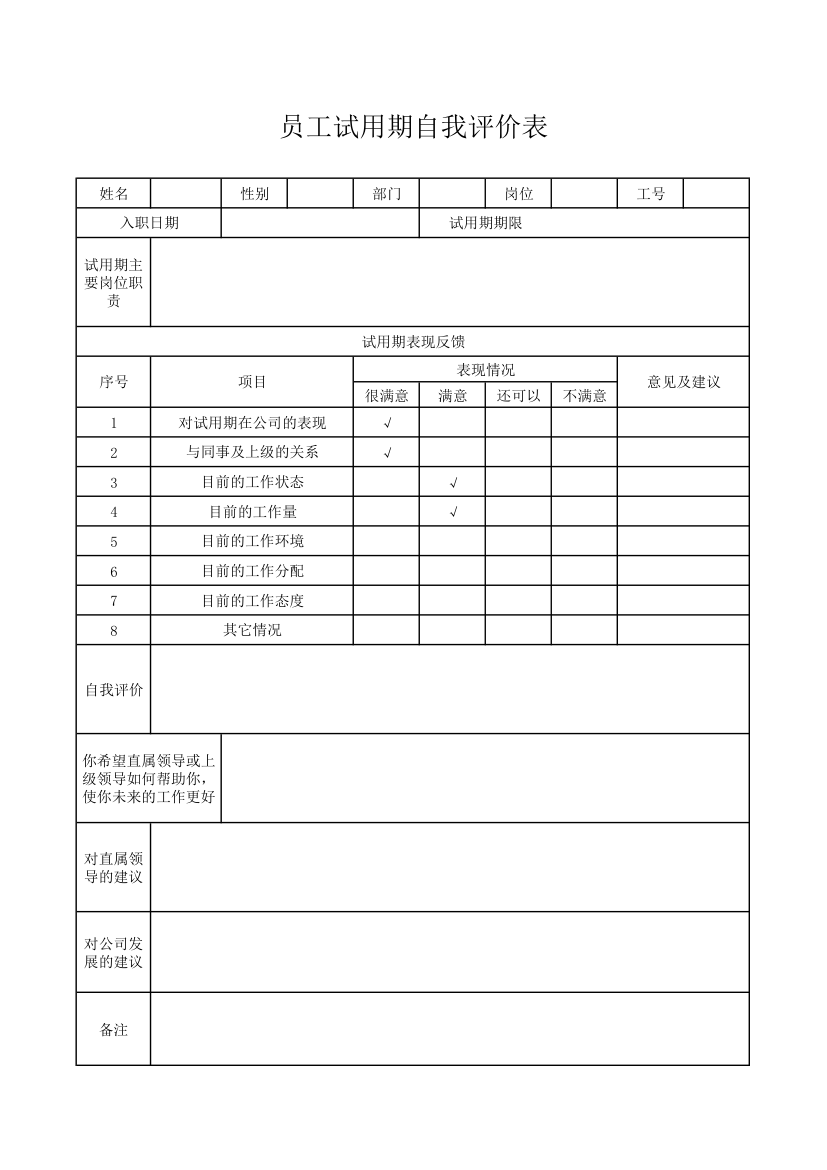 员工试用期自我评价表.xlsx第1页