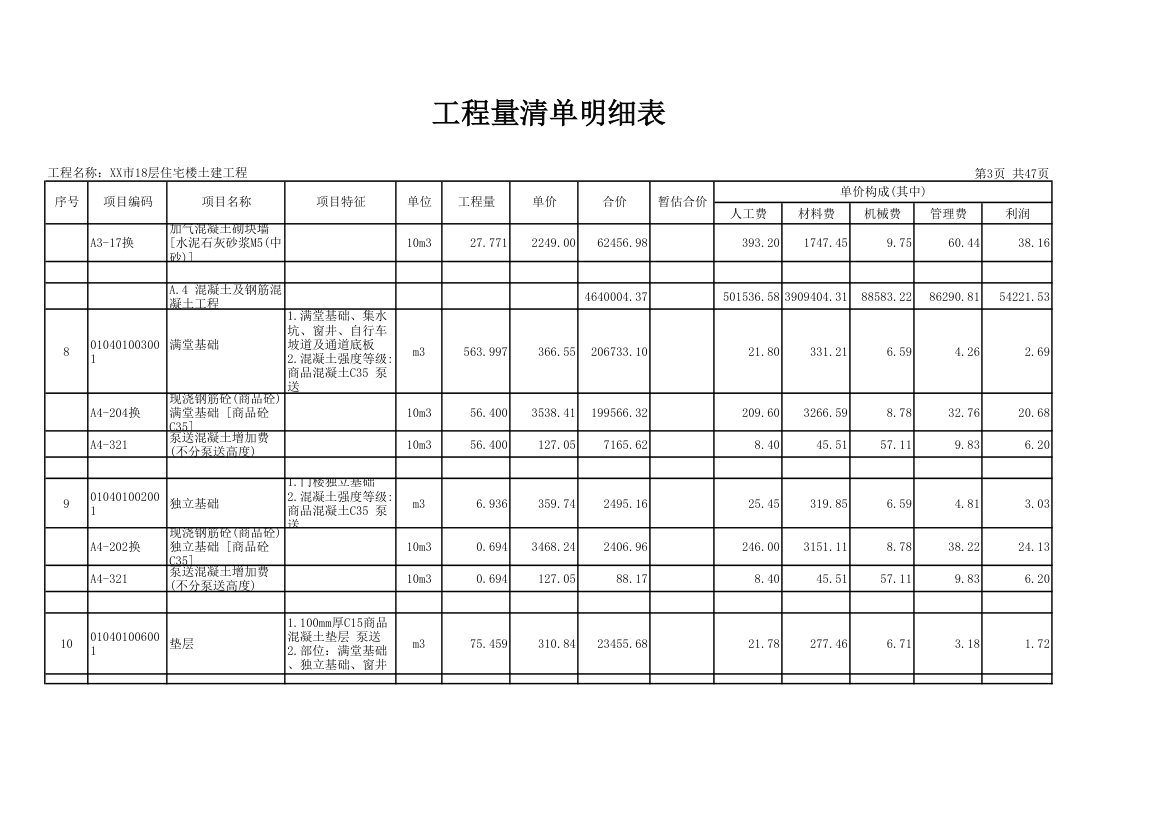 18层住宅楼土建工程量清单明细表.xls第3页