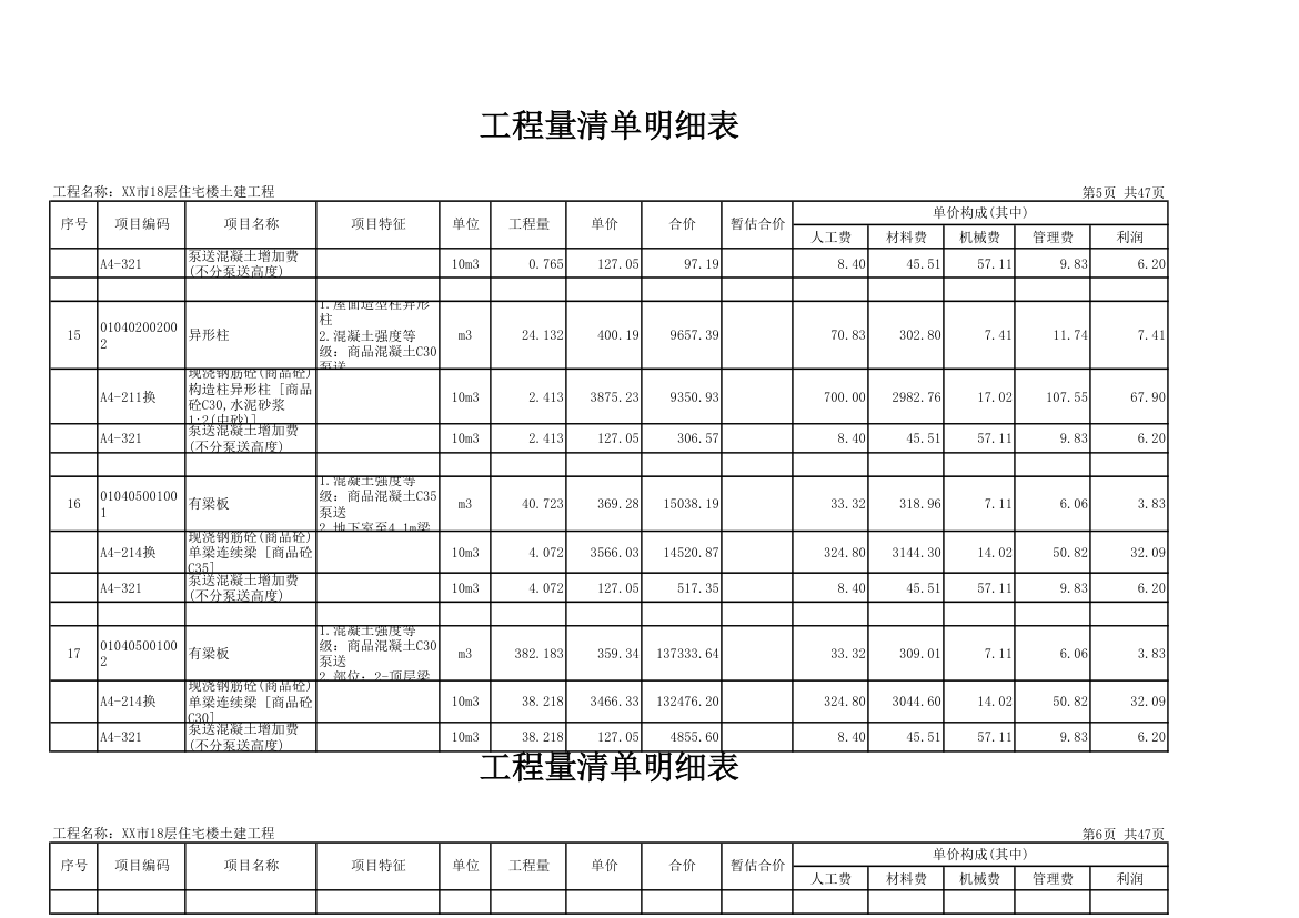 18层住宅楼土建工程量清单明细表.xls第5页