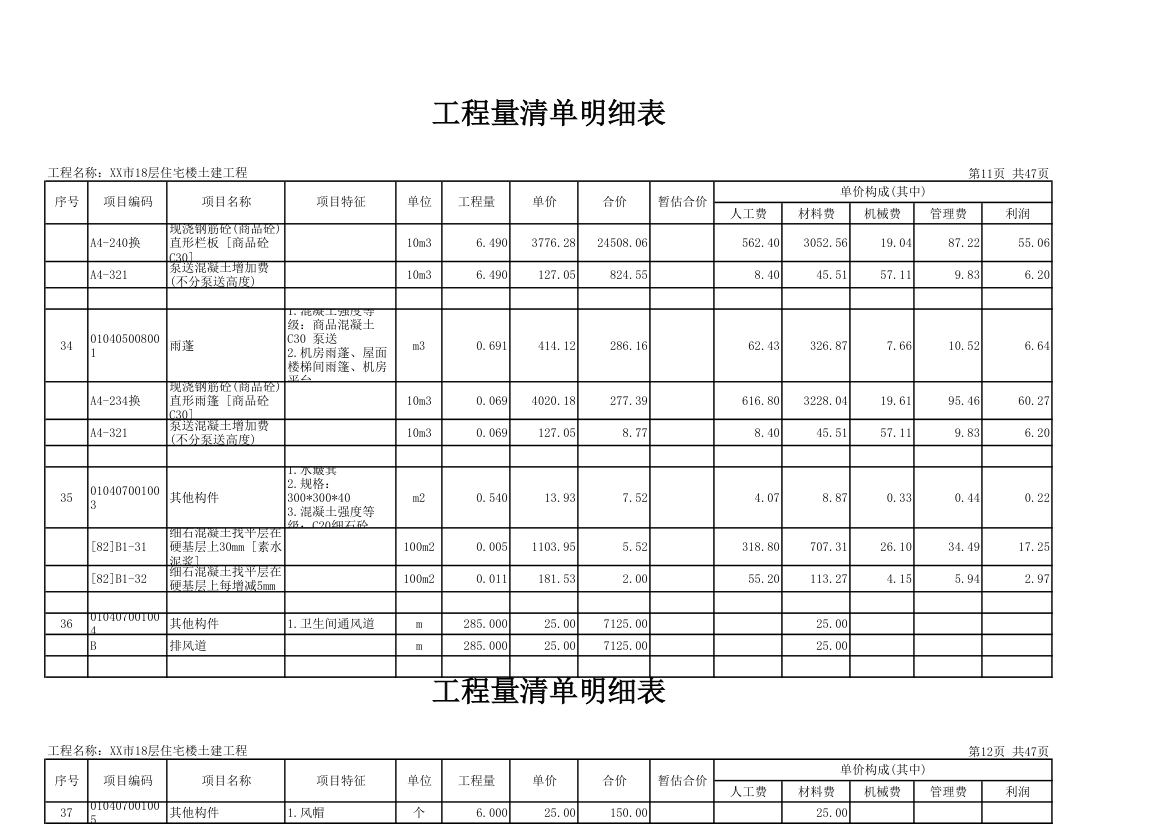 18层住宅楼土建工程量清单明细表.xls第11页