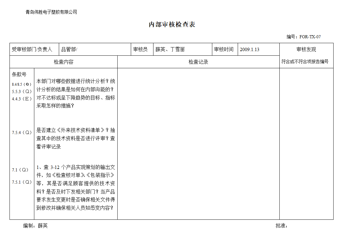 (品管部)内审检查表第3页