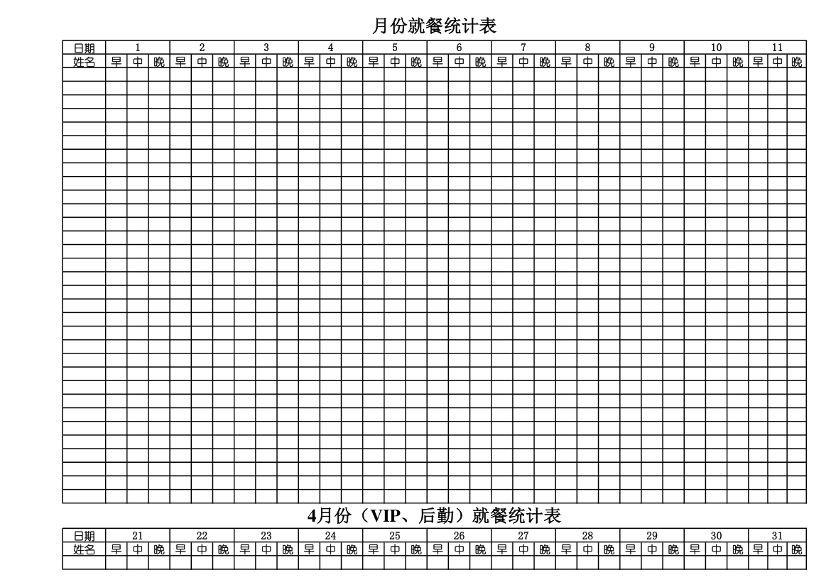 食堂用餐登记表格